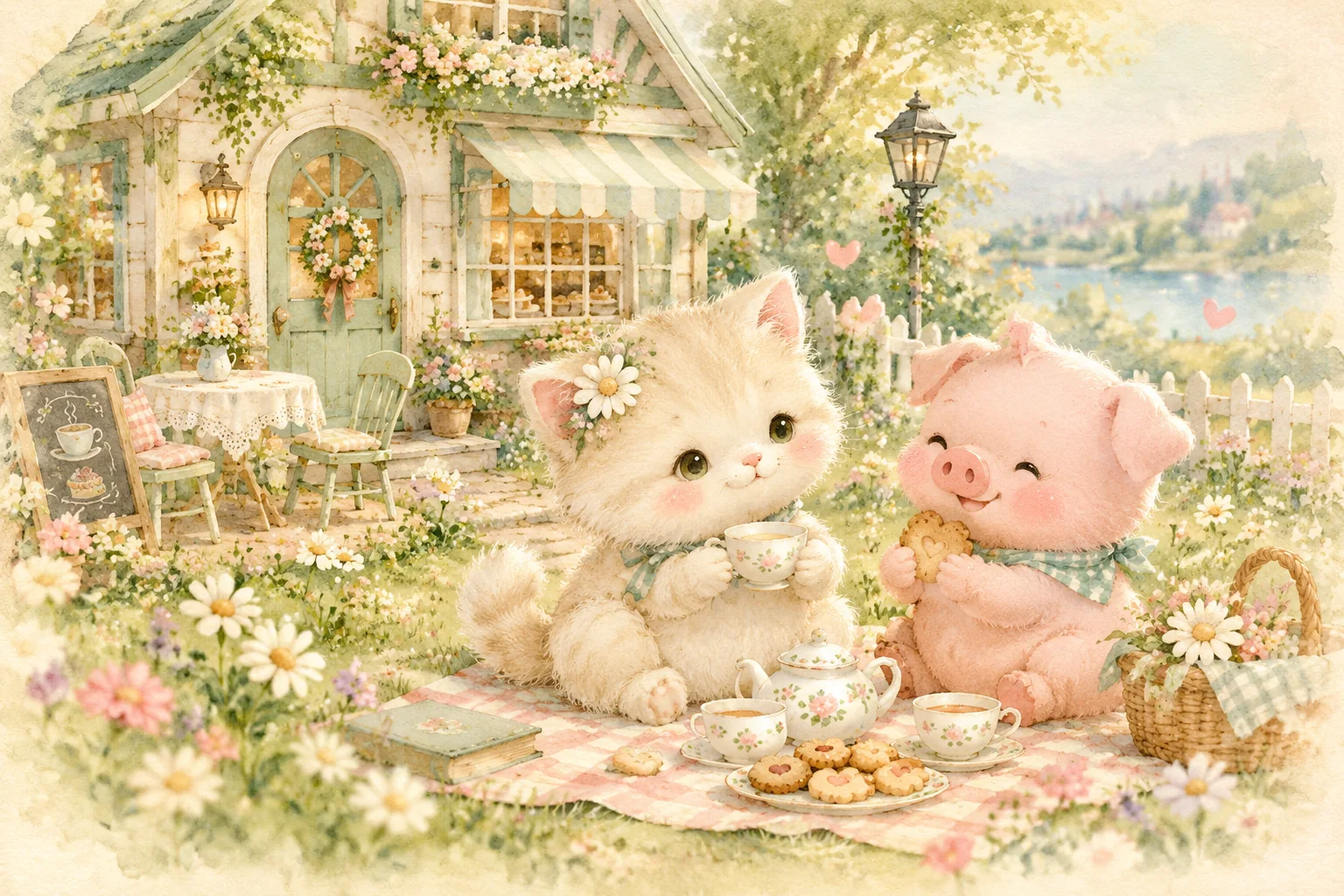 奶油色小猫和粉色小猪，在属于你的花园里晒太阳